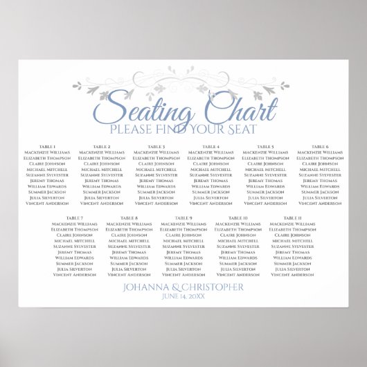 Blue Grey Chic 11 Table Wedding Seating Chart Poster (Voorkant)