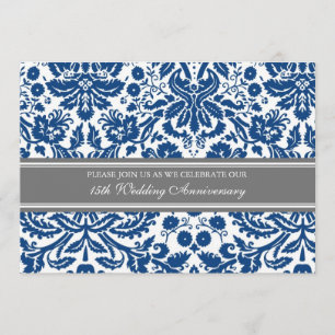 Blue Grey Damask 15th Jubileum Invitation Kaart