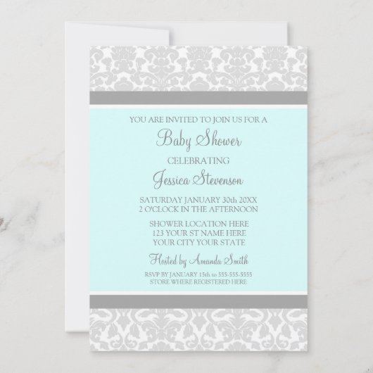 Blue Grey Damask Custom Baby Shower Invitaties Kaart (Achterkant)