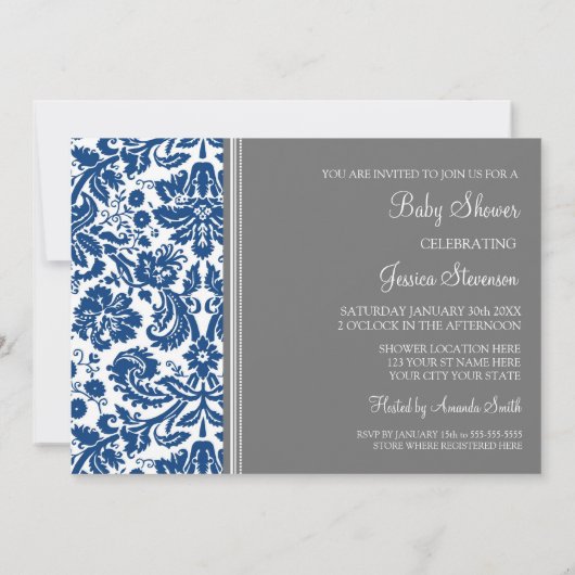 Blue Grey Damask Custom Baby Shower Invitaties Kaart (Achterkant)