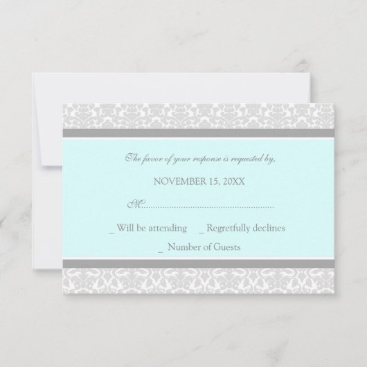 Blue Grey Damask RSVP Weddenkaart (Voorkant)