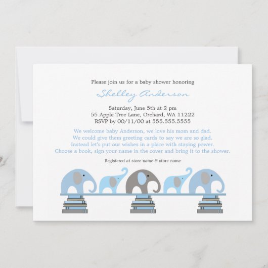 Blue Grey Elephant Baby Shower Invitations (Devant)