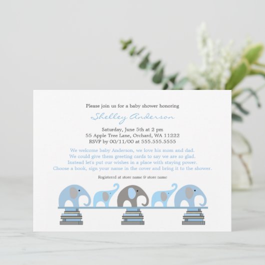Blue Grey Elephant Baby Shower Invitations (Debout devant)