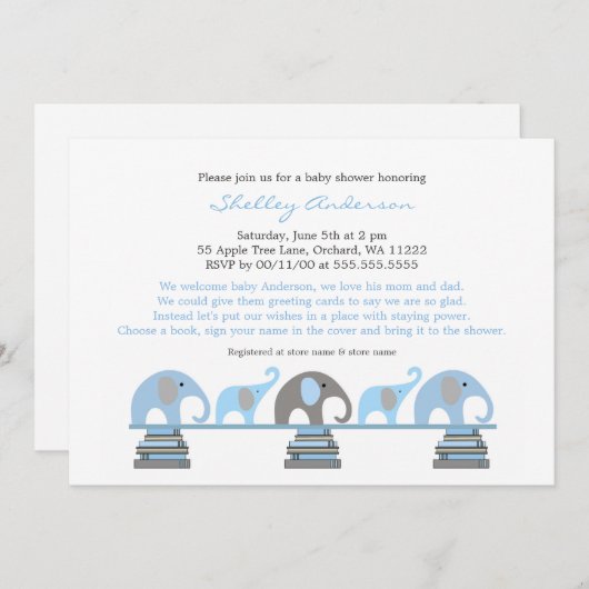 Blue Grey Elephant Baby Shower Invitations (Devant / Derrière)