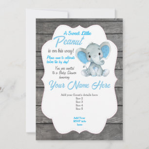 Blue Grey Elephant Invitation Editable Kaart