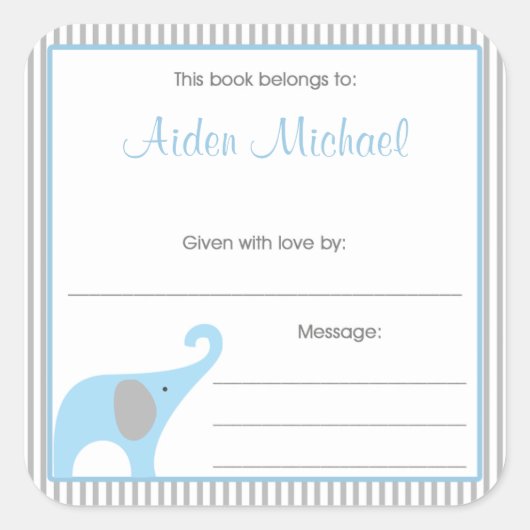 Blue & Grey Elephant Pinstripe Boek Bord Vierkante Sticker (Voorkant)