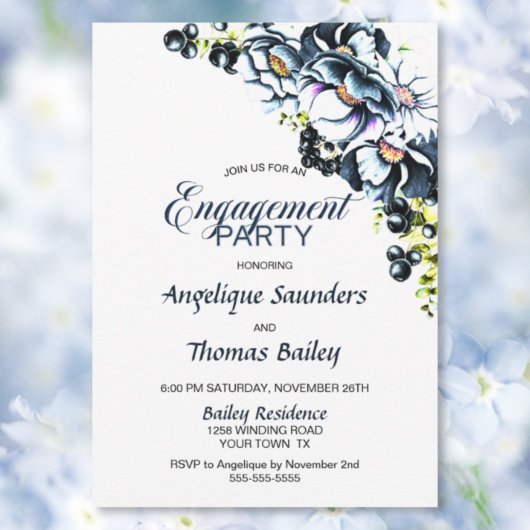 Blue Grey Floral Engagement Party Kaart