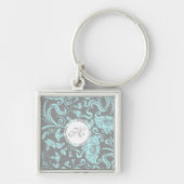 Blue Grey Floral Pattern Monogram Sleutelhanger (Voorkant)