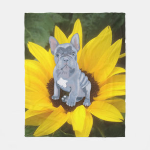Blue Grey French Bulldog Puppy and Sunflower   Fleece Deken