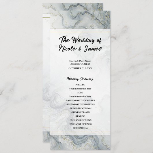 Blue Grey Gold Beach Waterverf huwelijksprogramma Programma (Voorkant / Achterkant)