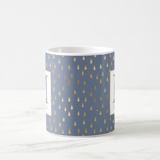 Blue Grey Gold Raindrop Modern Trendy Monogram Koffiemok (Center)
