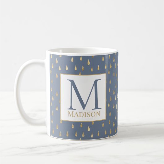 Blue Grey Gold Raindrop Modern Trendy Monogram Koffiemok (Links)