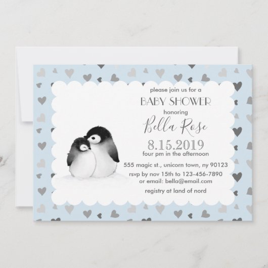 Blue Grey Hearts Penguins Baby Shower Invitations (Devant)