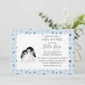 Blue Grey Hearts Penguins Baby Shower Invitations (Debout devant)