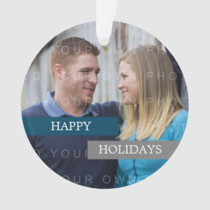 Blue Grey Modern Photo Holiday Ornament