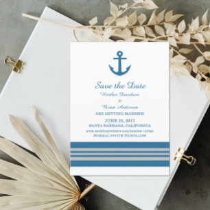 Blue Grey Nautical Anchor Save the Date Invite Kaart