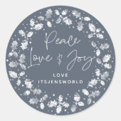 Blue-Grey Peace Love+Joy Holly Wreate Ronde Sticker (Voorkant)