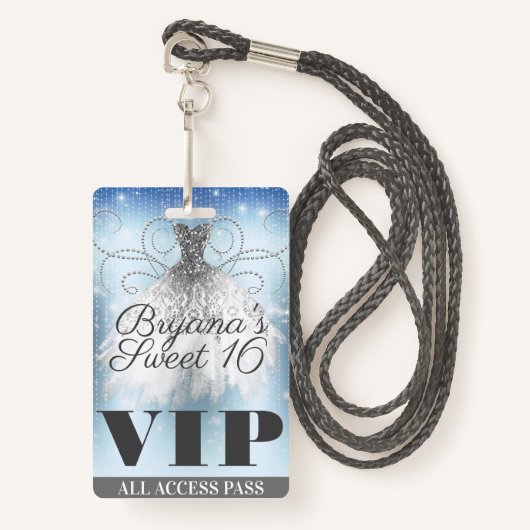 Blue Grey Silver Sparkle Dress Sweet 16 VIP Pass Badge (Voorkant met draagriem)