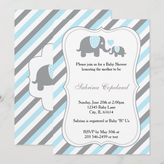 Blue & Grey Stripe Olifant Baby shower Kaart (Voorkant / Achterkant)