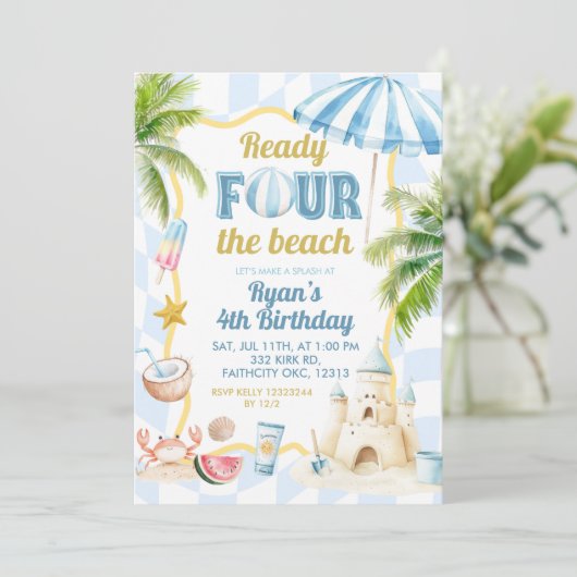 Blue Groovy Ready VIER het strand 4e verjaardag Kaart (Staand voorkant)