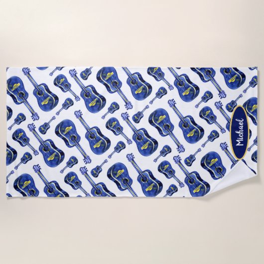 Blue Guitars Pattern Monogram Strandlaken (Voorkant)