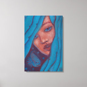 Blue Hair, Mermaid Portrait Fantasy Girl Woman Art Canvas Afdruk