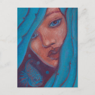 Blue Hair Mermaid Portrait Fantasy Pastel Painting Briefkaart