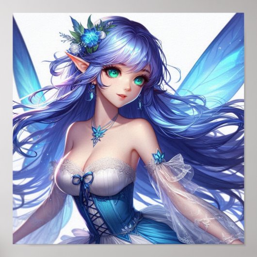 Blue-Haired Tropical Fairy with Emerald Eyes Poster (Voorkant)