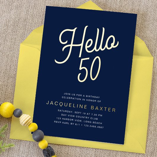 Blue Hallo 50 Gold Script 50th Birthday Party Folie Uitnodiging