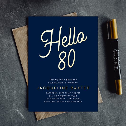 Blue Hallo 80 Gold Script 80th Birthday Party Folie Uitnodiging