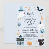 Blue Halloween 1st Birthday Invitation Kaart (Voorkant / Achterkant)