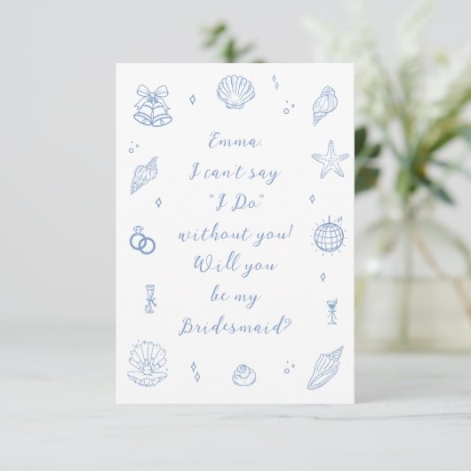 Blue Hand Drawn Coastal Bridesmaid Proposal Kaart (Staand voorkant)