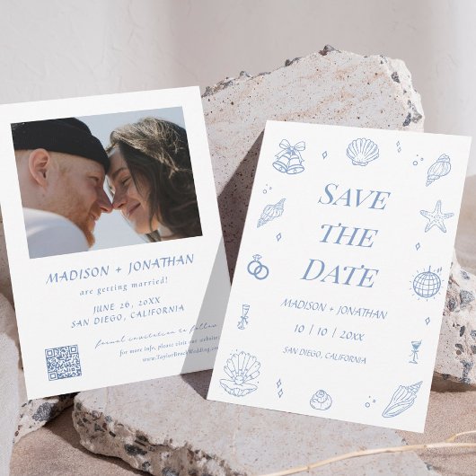 Blue Hand Drawn Coastal Wedding Save the Date Kaart