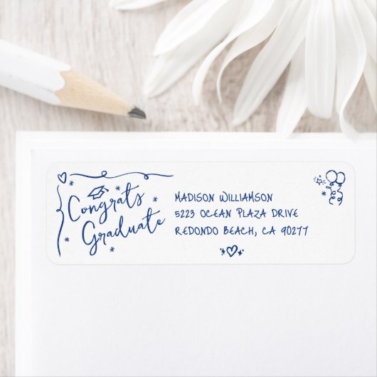 Blue Hand Drawn Doodle Graduation White Address Etiket (Insitu)