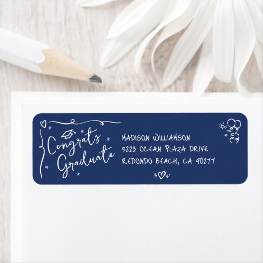 Blue Hand Drawn Doodle Style Graduation Address Etiket (Insitu)