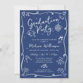Blue Hand Drawn Doodles Style Fun Graduation Party Kaart (Voorkant)