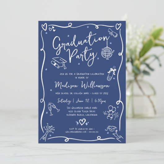 Blue Hand Drawn Doodles Style Fun Graduation Party Kaart (Staand voorkant)