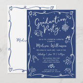 Blue Hand Drawn Doodles Style Fun Graduation Party Kaart (Voorkant / Achterkant)