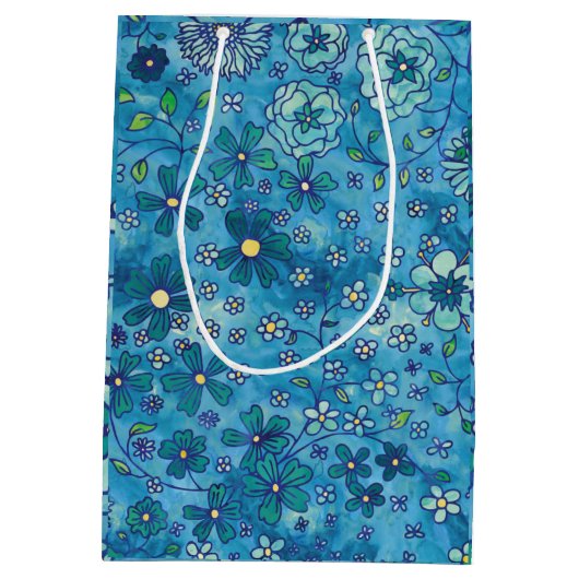 Blue Hand Drawn Floral Waterverf Pattern Medium Cadeauzakje (Achterkant)