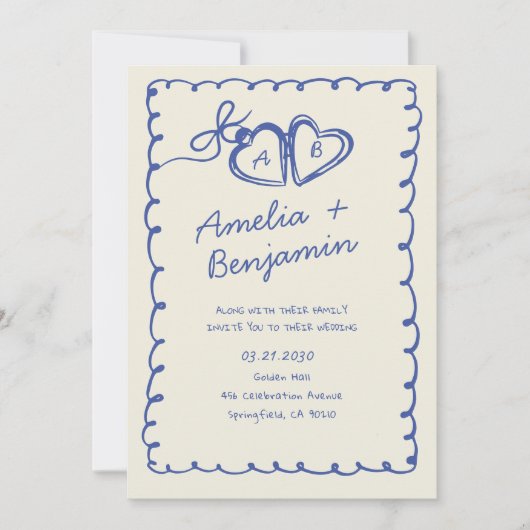 Blue hand drawn heart Whimsical Wedding  Invitati Kaart (Voorkant)