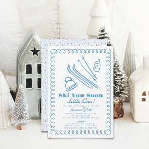 Blue Hand-Drawn Ski Boy Baby shower Kaart