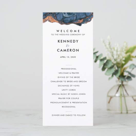 Blue Hand Painted Marble Wedding Ceremony Programm Programma (Staand voorkant)