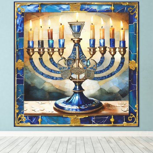 Blue Hanukkah Menorah Canvas Afdruk (Insitu (Houten vloer))