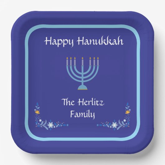Blue HANUKKAH Menorah Customize NAME Papieren Bordje (Voorkant)