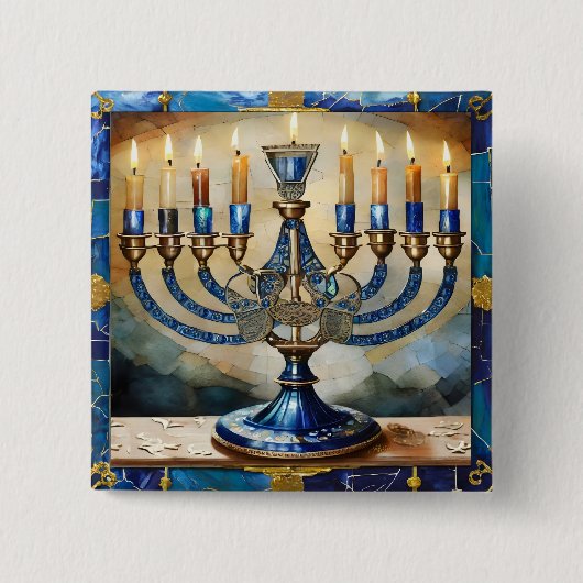 Blue Hanukkah Menorah Vierkante Button 5,1 Cm (Voorkant)