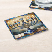 Blue Hanukkah Menorah Vierkante Kartonnen Onderzetter (Schuin)