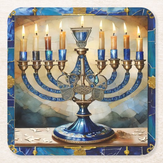 Blue Hanukkah Menorah Vierkante Kartonnen Onderzetter (Voorkant)