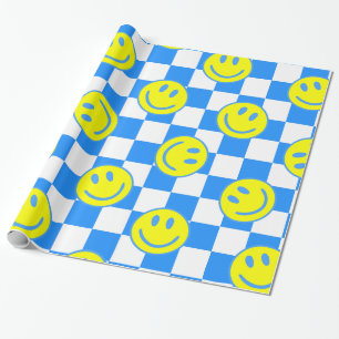 Blue Happy Face Check Groovy Cadeaupapier