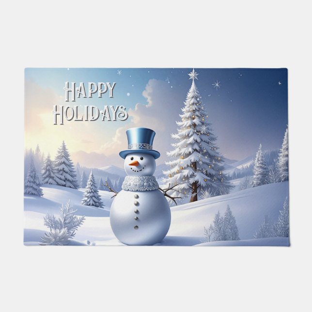 Blue Hat Snowman Christmas Tree Holiday Doormat Deurmat (Voorkant)