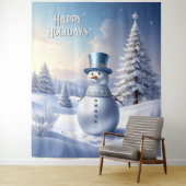 Blue Hat Snowman Holiday Backdrop Wandkleed (In situ)